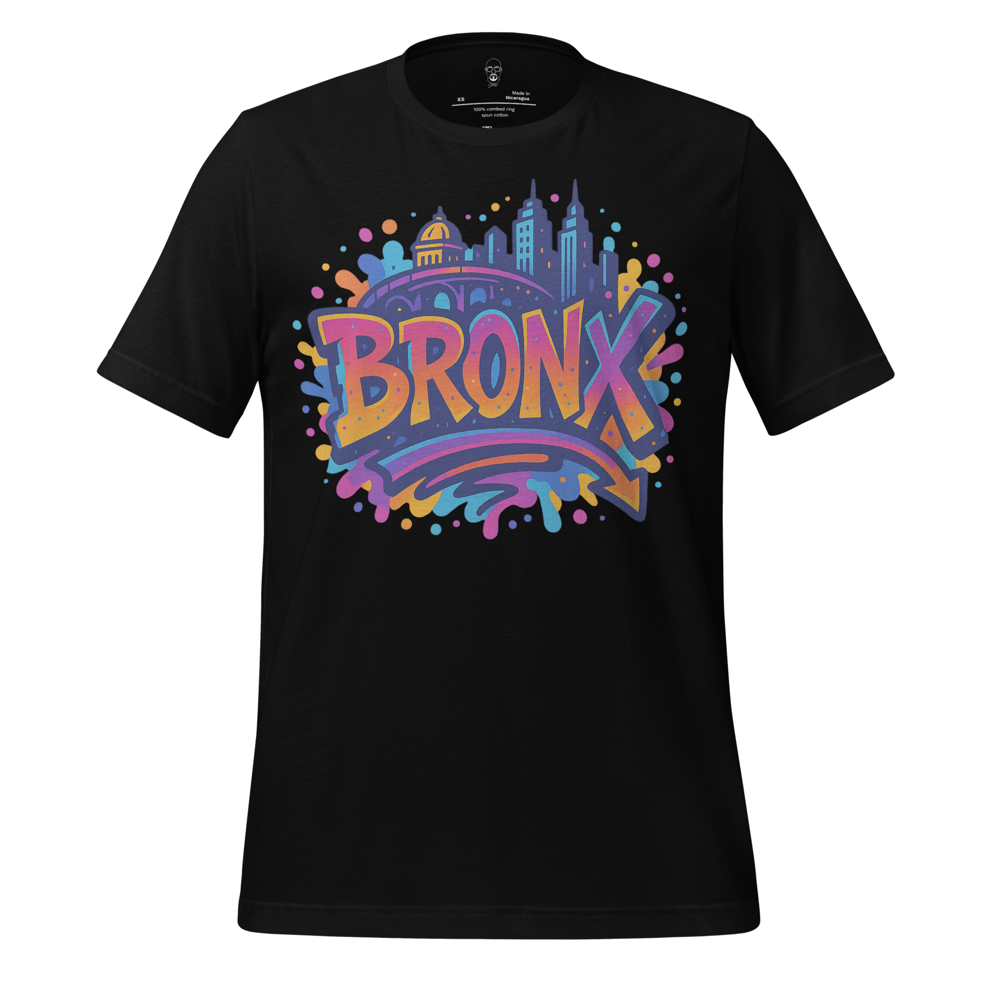 Black Bronx Graphic t-shirt by JMK Drip with colorful city skyline and bold Bronx text design