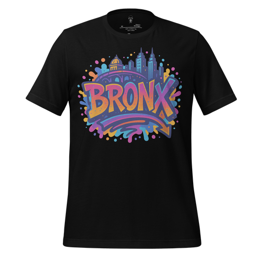 Black Bronx Graphic t-shirt by JMK Drip with colorful city skyline and bold Bronx text design