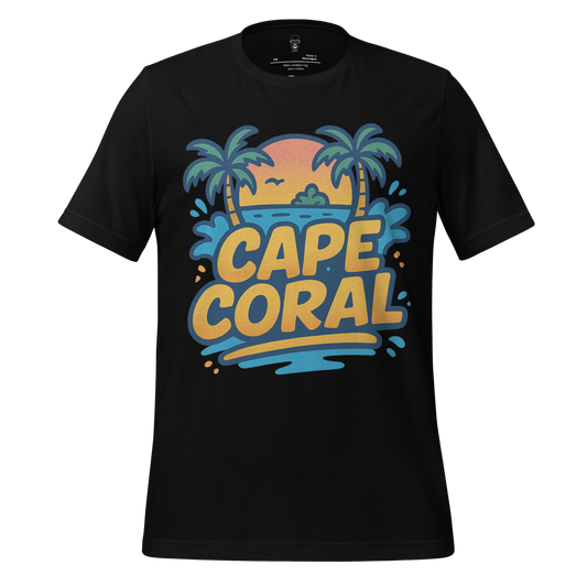 Black Cape Coral Graphic T-Shirt with palm trees and sunset beach design