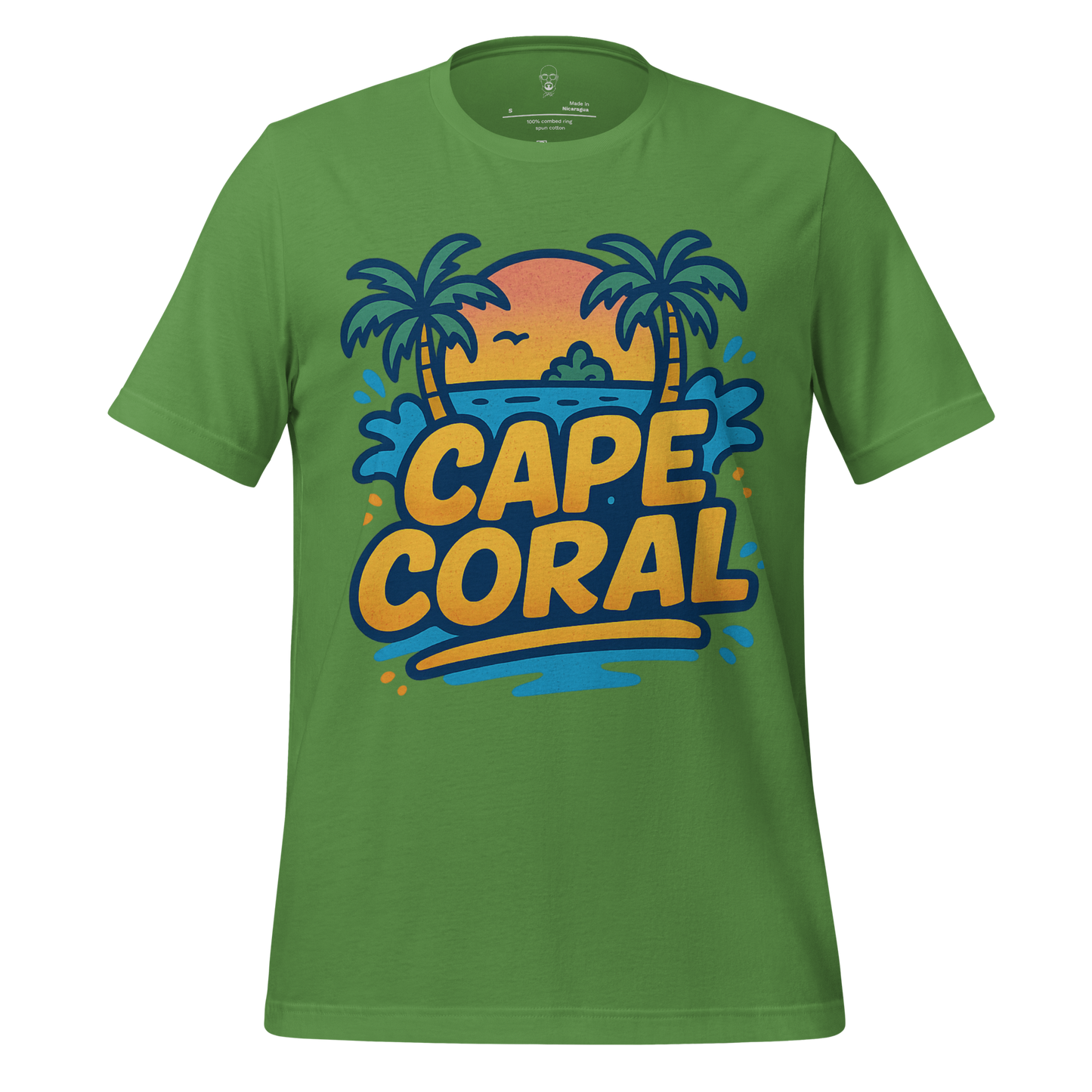 Green Cape Coral Graphic T-Shirt with palm trees and sunset design on front