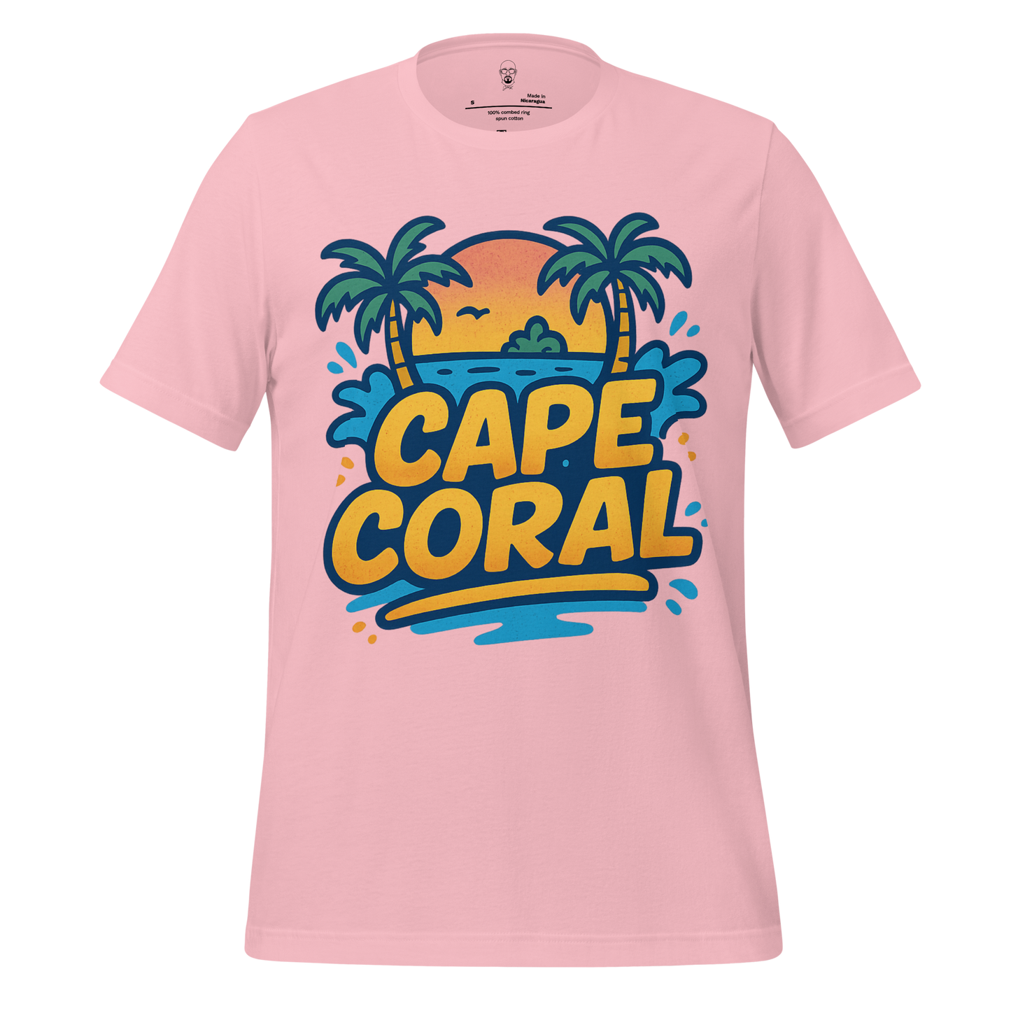 Pink t-shirt featuring a colorful Cape Coral Graphic T-Shirt design with palm trees and sunset