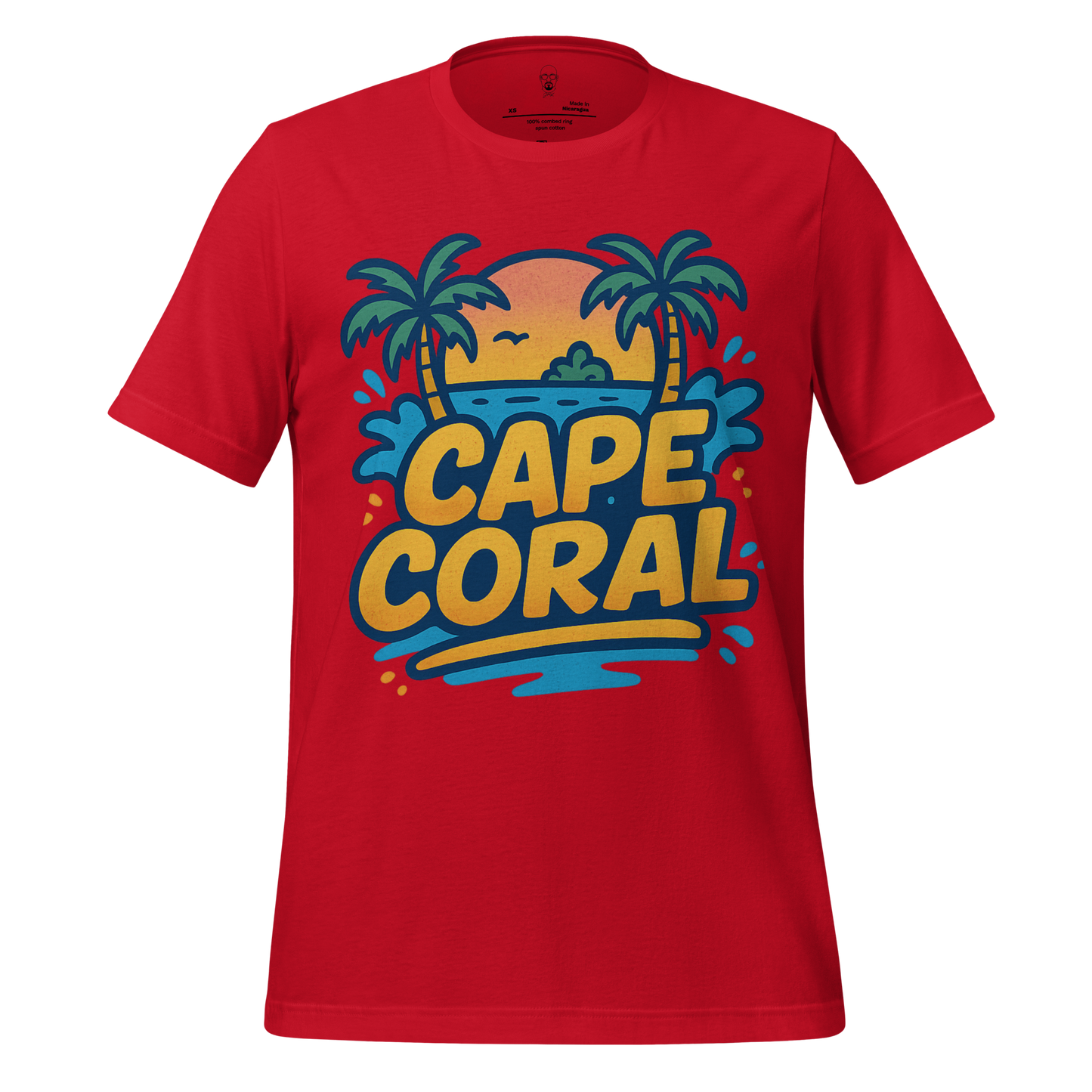 Red Cape Coral Graphic T-Shirt with palm trees sunset design and ocean waves illustration