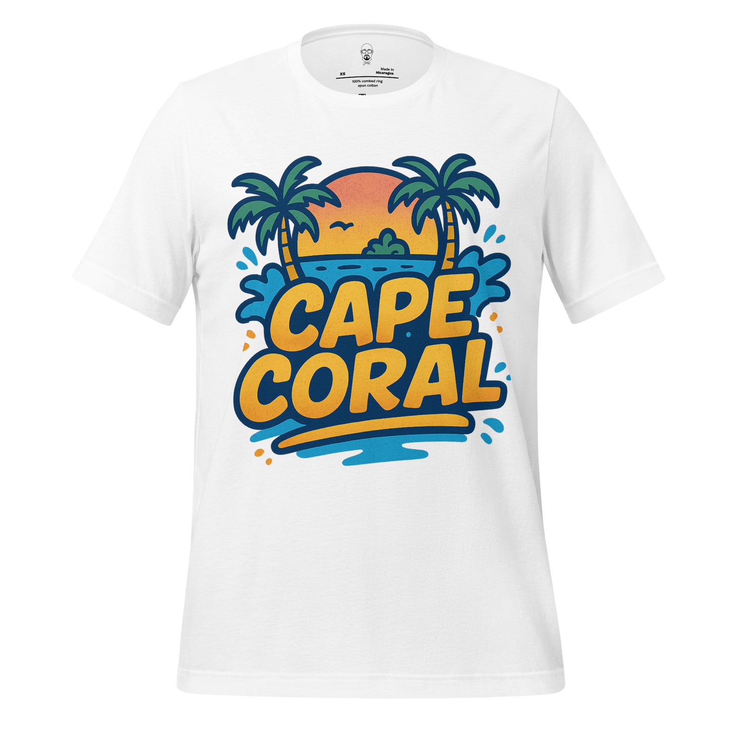 White Cape Coral Graphic T-Shirt with colorful sunset and palm tree design from My Store