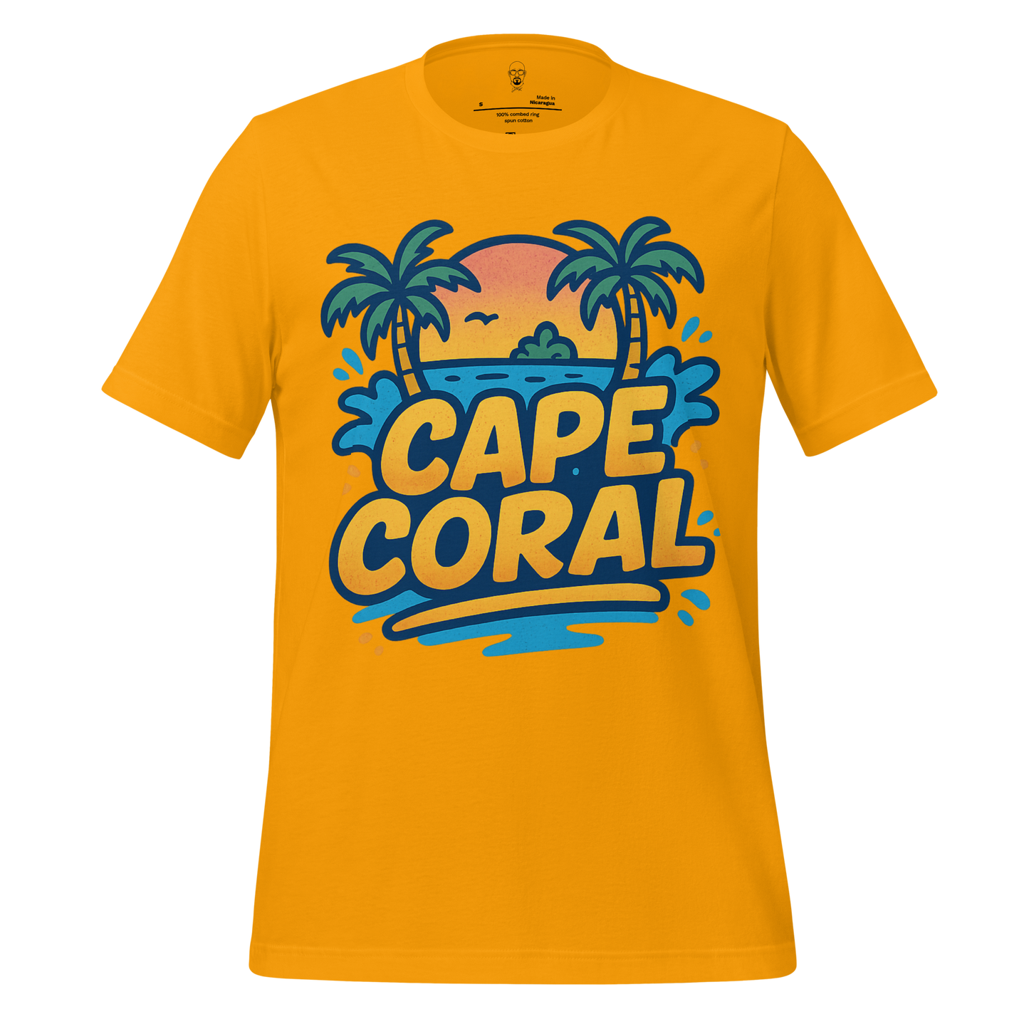 Yellow Cape Coral Graphic T-Shirt with palm trees and sunset design on front