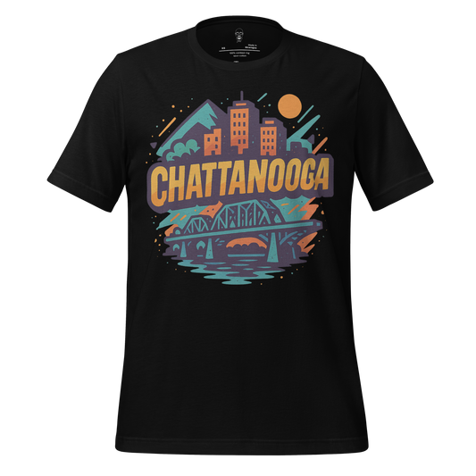 JMK Drip Chattanooga graphic t-shirt with city skyline, bridge, and mountain design on black fabric
