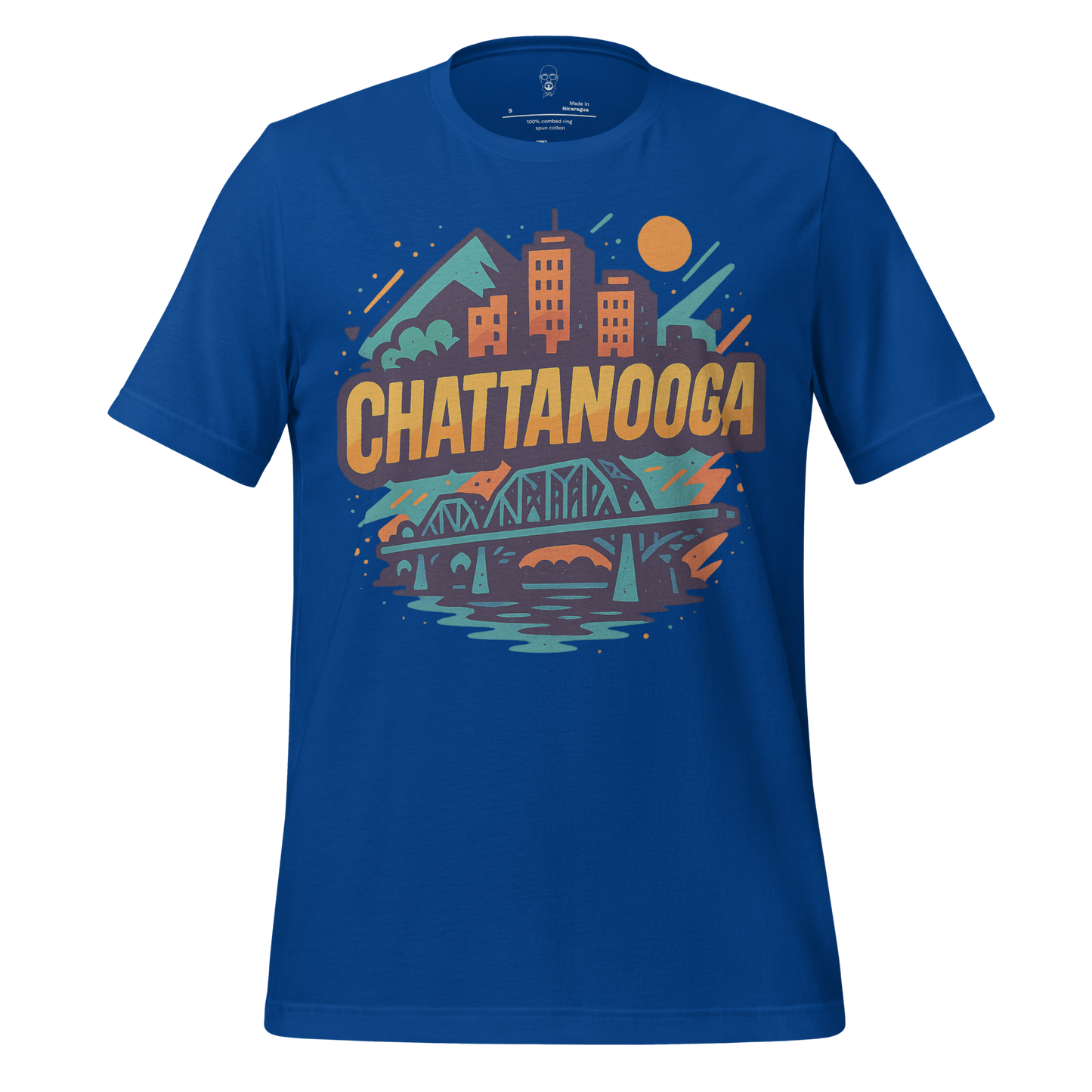 JMK Drip Chattanooga graphic t-shirt in blue with city skyline and bridge design