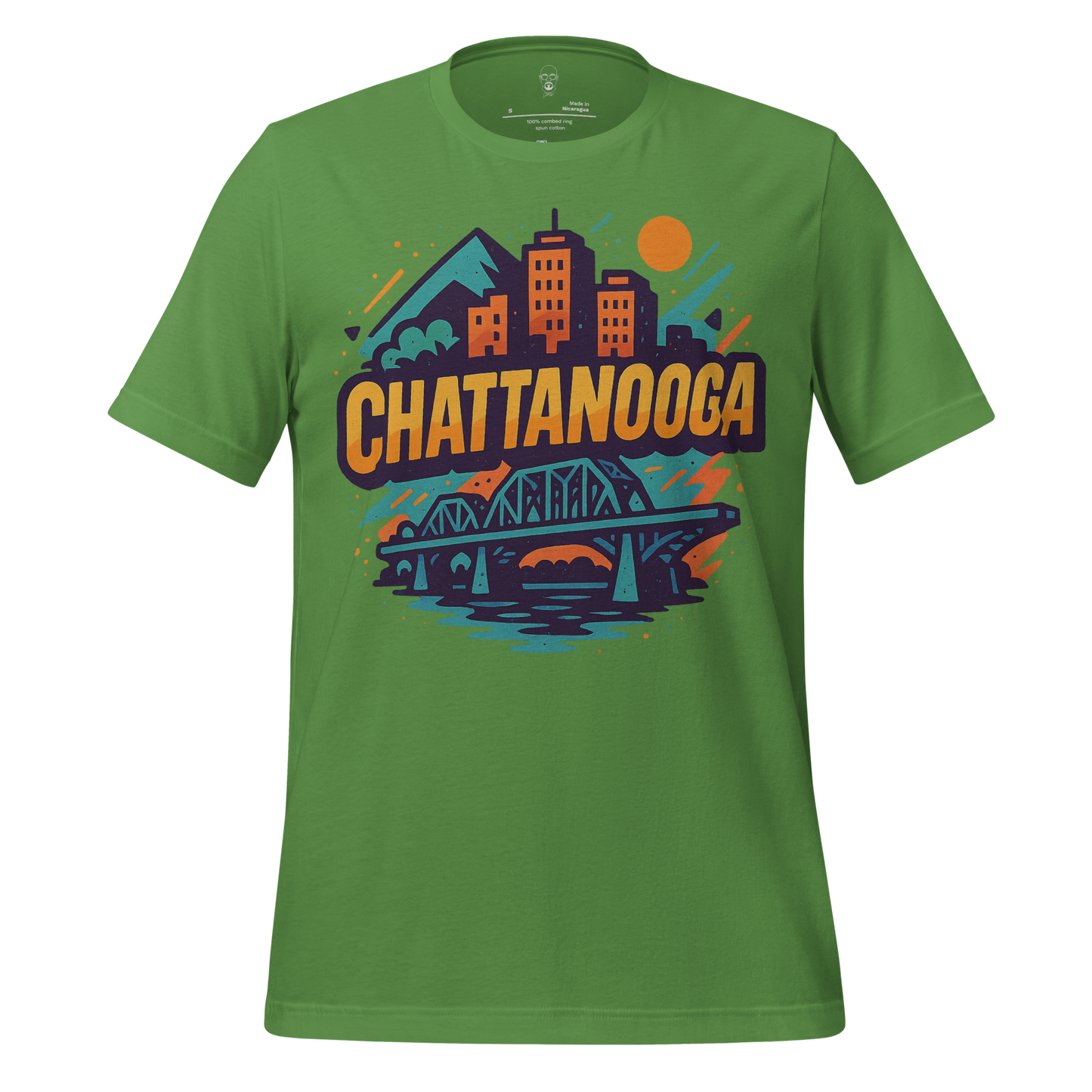 JMK Drip green Chattanooga graphic t-shirt featuring city skyline, bridge, and mountain design