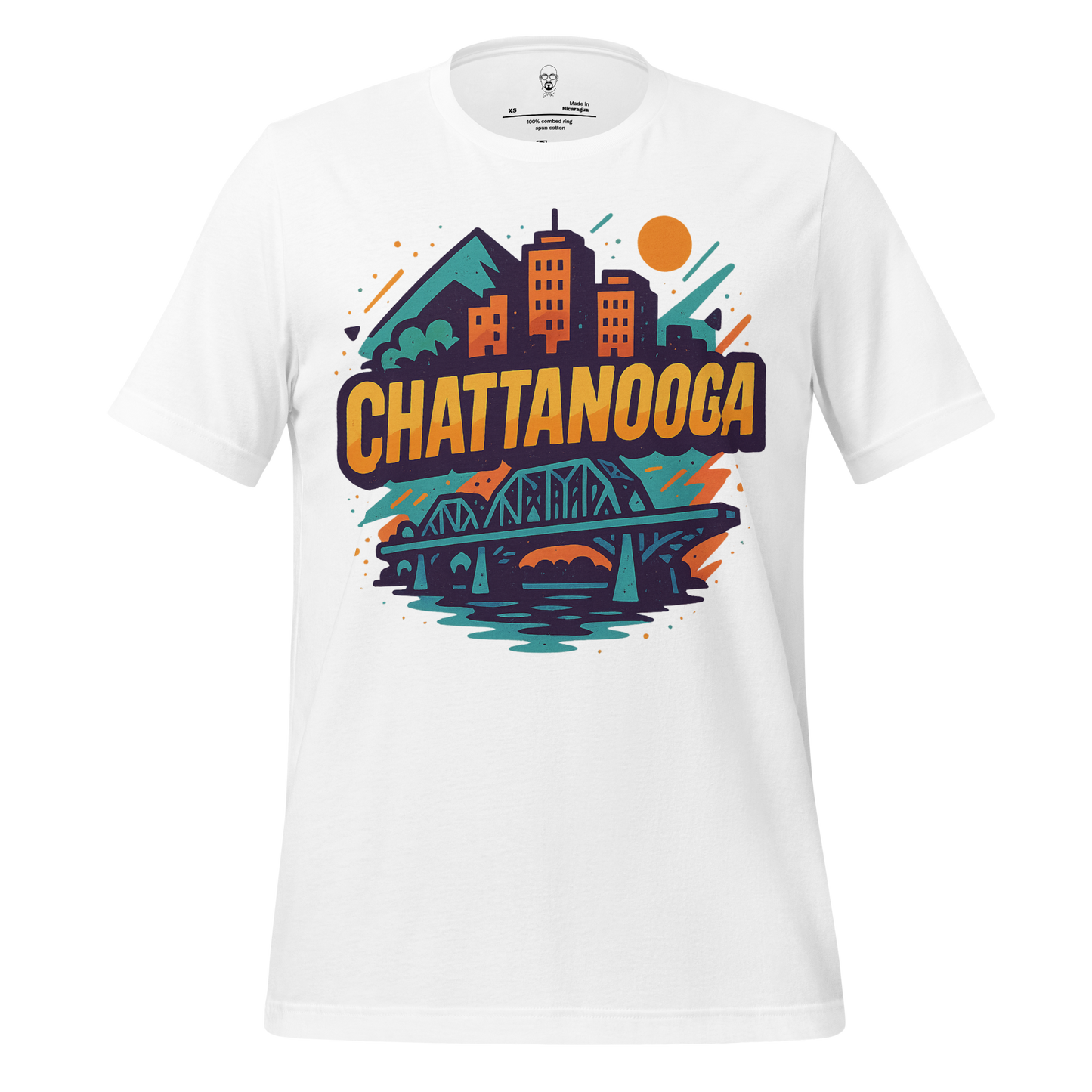 JMK Drip Chattanooga graphic t-shirt with colorful city skyline and bridge design on white cotton