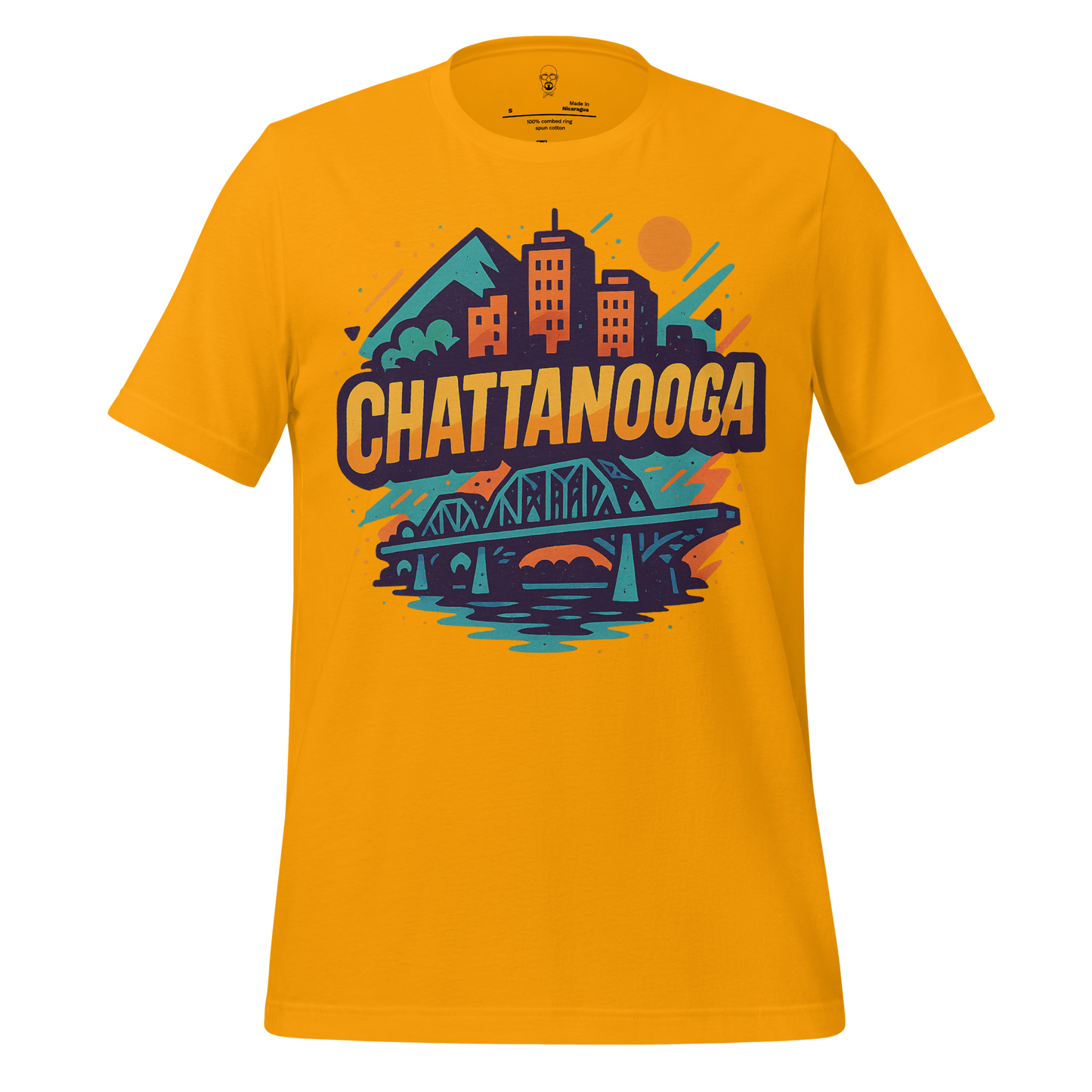 JMK Drip Chattanooga graphic t-shirt in yellow with city skyline and bridge illustration