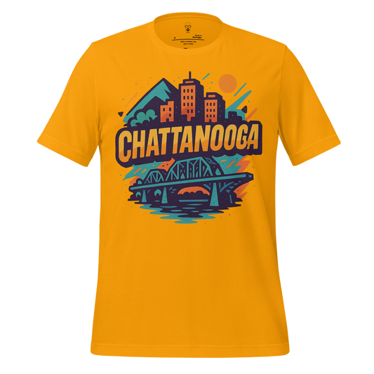 JMK Drip Chattanooga graphic t-shirt in yellow with city skyline and bridge illustration