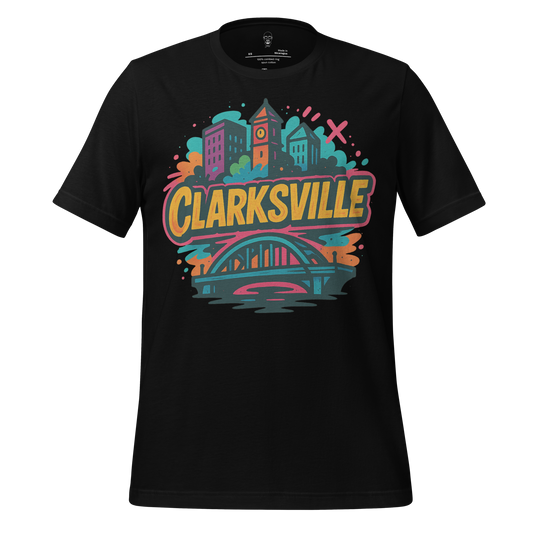 Black Clarksville graphic t-shirt featuring colorful city skyline and bridge design