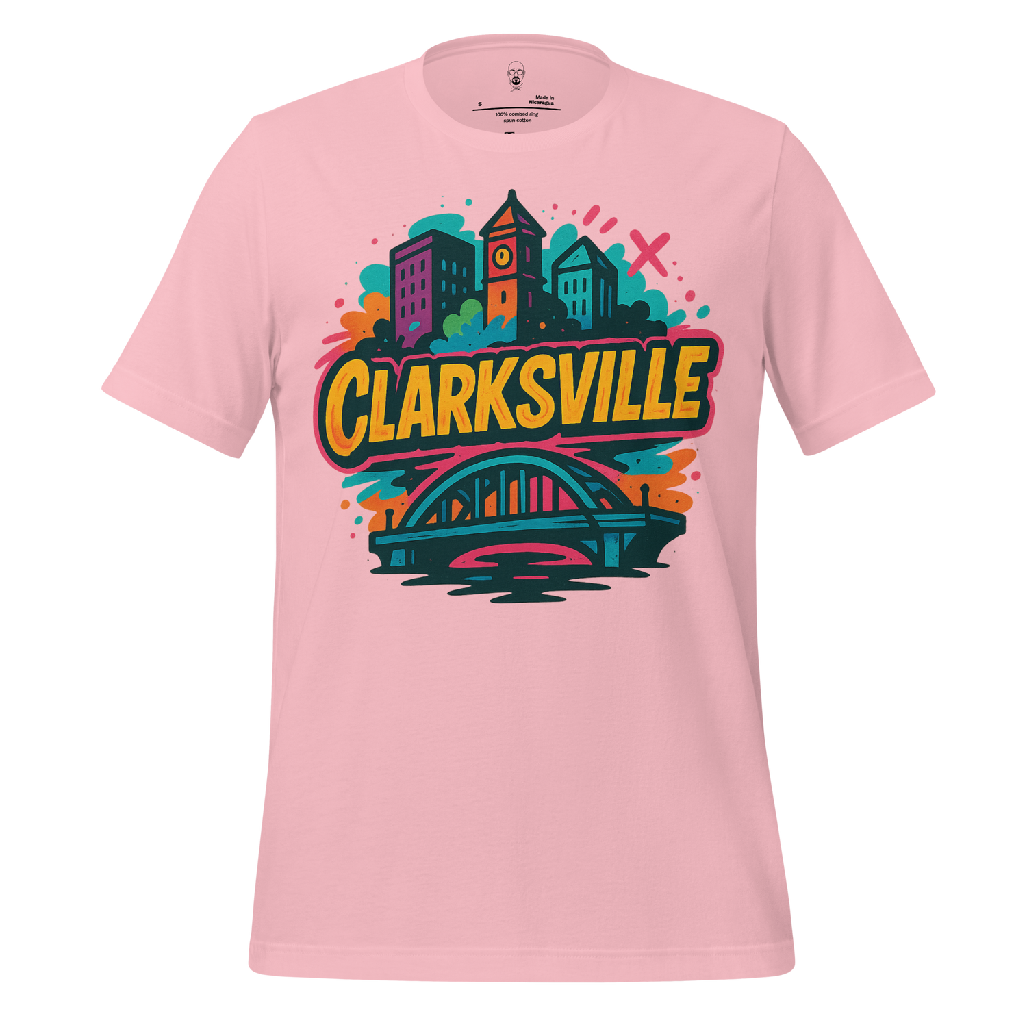 JMK Drip pink Clarksville graphic t-shirt with colorful city skyline and bridge design