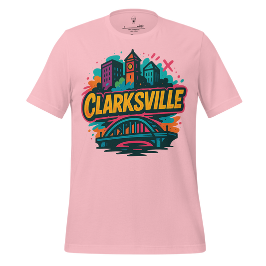 JMK Drip pink Clarksville graphic t-shirt with colorful city skyline and bridge design