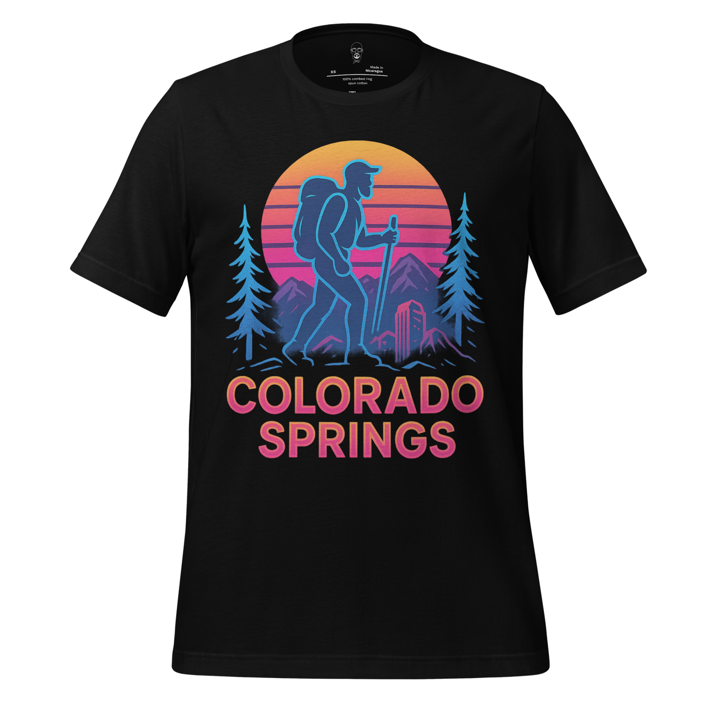 JMK Drip black Colorado Springs Graphic T-Shirt with colorful hiker and mountain design