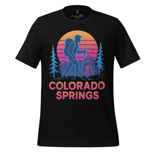 JMK Drip black Colorado Springs Graphic T-Shirt with colorful hiker and mountain design