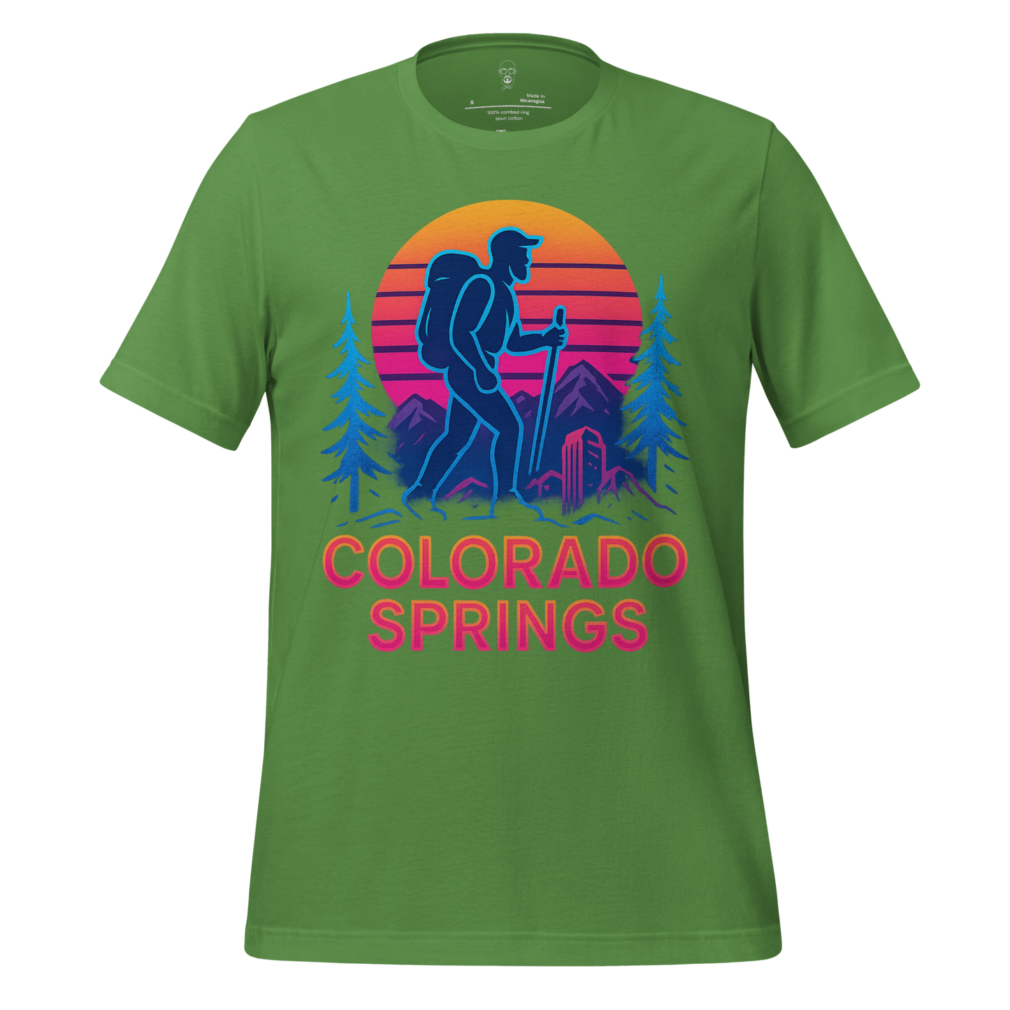 Green t-shirt with colorful hiking graphic and Colorado Springs text Colorado Springs Graphic T-Shirt
