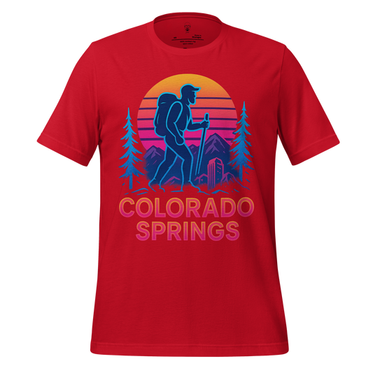 Red Colorado Springs Graphic T-Shirt with hiker silhouette and mountain sunset design