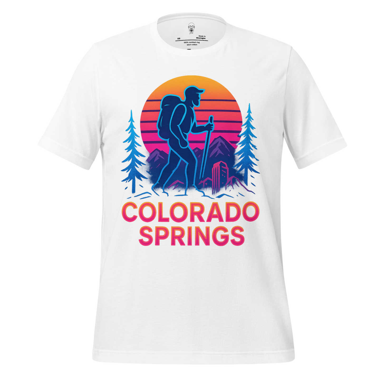 White Colorado Springs Graphic T-Shirt by JMK Drip with hiking design and sunset background