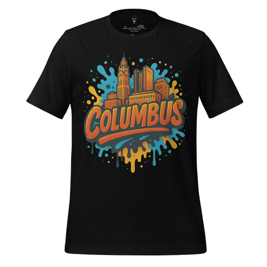 Black Columbus Graphic T-Shirt featuring colorful downtown Columbus skyline and artistic paint splash design