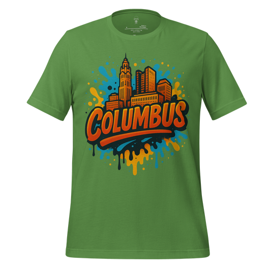 Green Columbus Graphic T Shirt featuring colorful city skyline design by JMK Drip