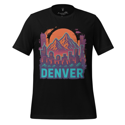 JMK Drip Denver Graphic T-Shirt with colorful mountain and city skyline design on black fabric