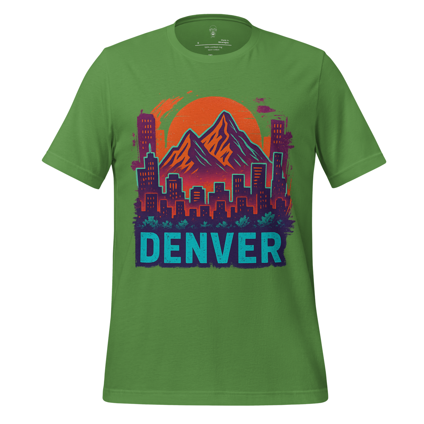 Green Denver Graphic T-Shirt featuring mountain and city skyline design with sunset background