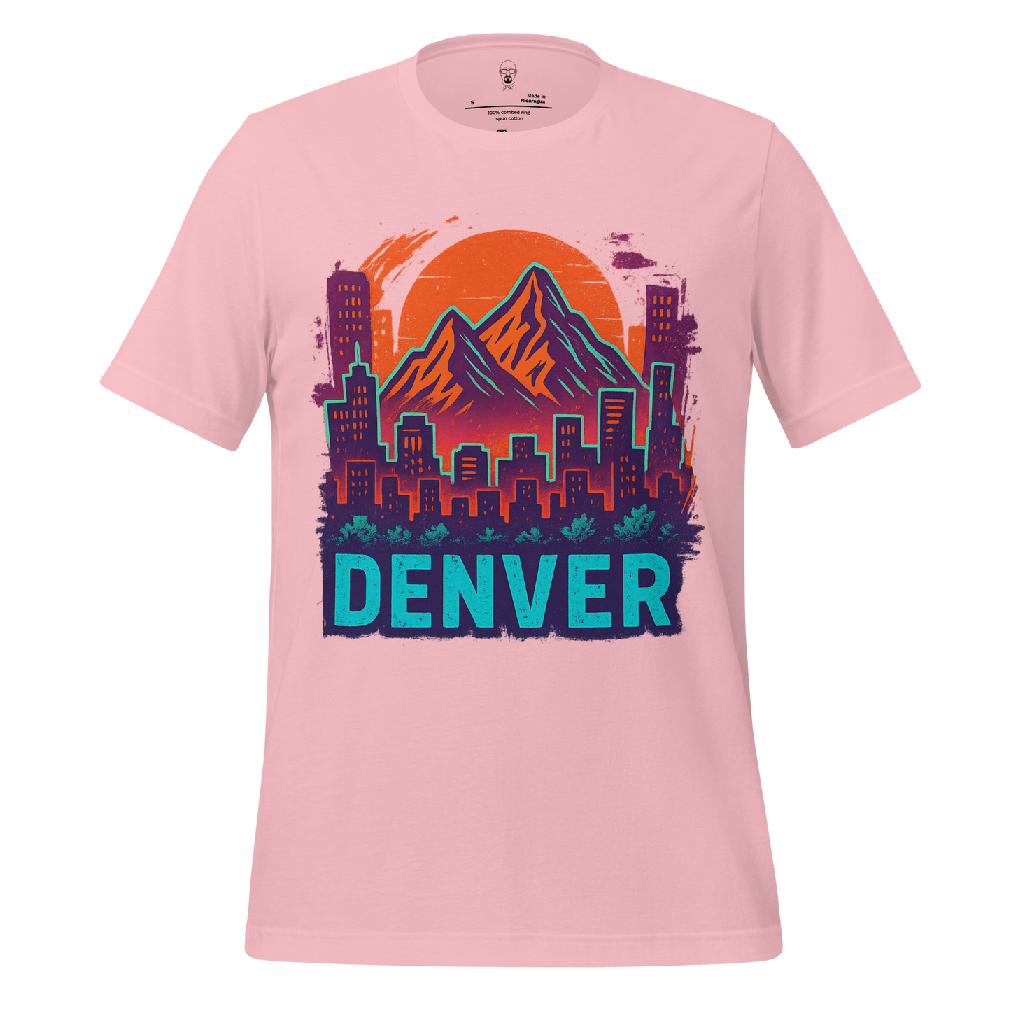 JMK Drip pink Denver Graphic T-Shirt featuring mountain and city skyline design with sunset