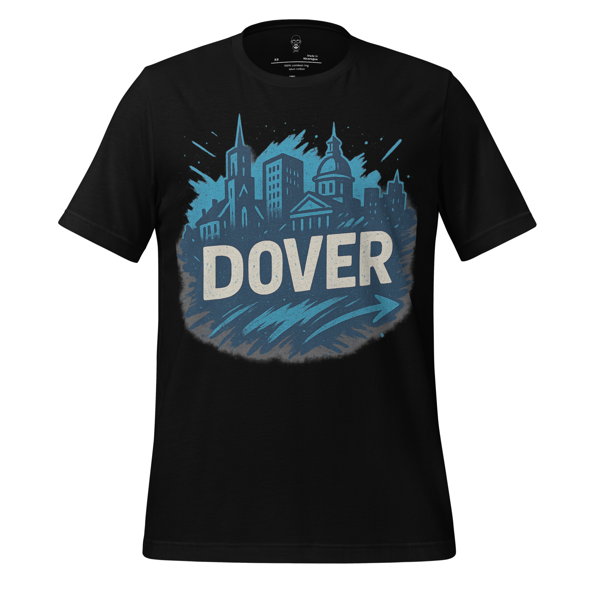 Black Dover Graphic T-Shirt featuring blue city skyline and bold Dover text by JMK Drip