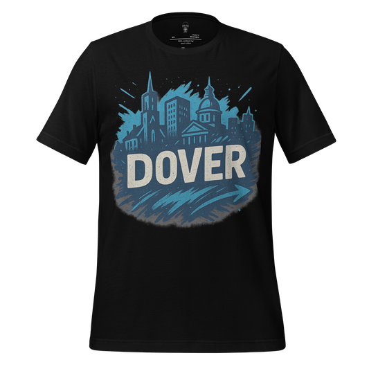 Black Dover Graphic T-Shirt featuring blue city skyline and bold Dover text by JMK Drip