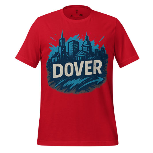 Red Dover Graphic T-Shirt featuring blue city skyline and bold Dover text design