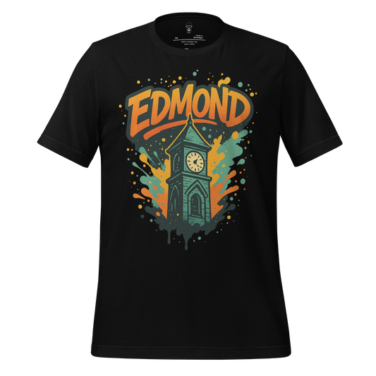 JMK Drip black Edmond Graphic T-Shirt featuring colorful clock tower design with splash art