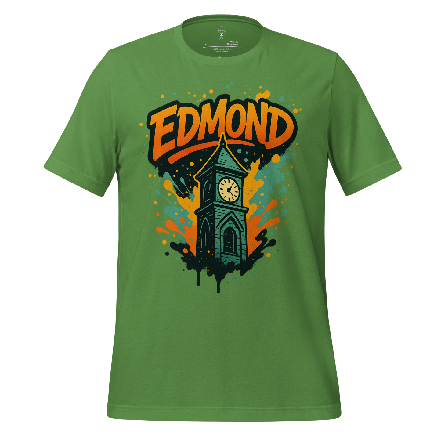 Green Edmond Graphic T-Shirt featuring a clock tower design with orange and black splash accents