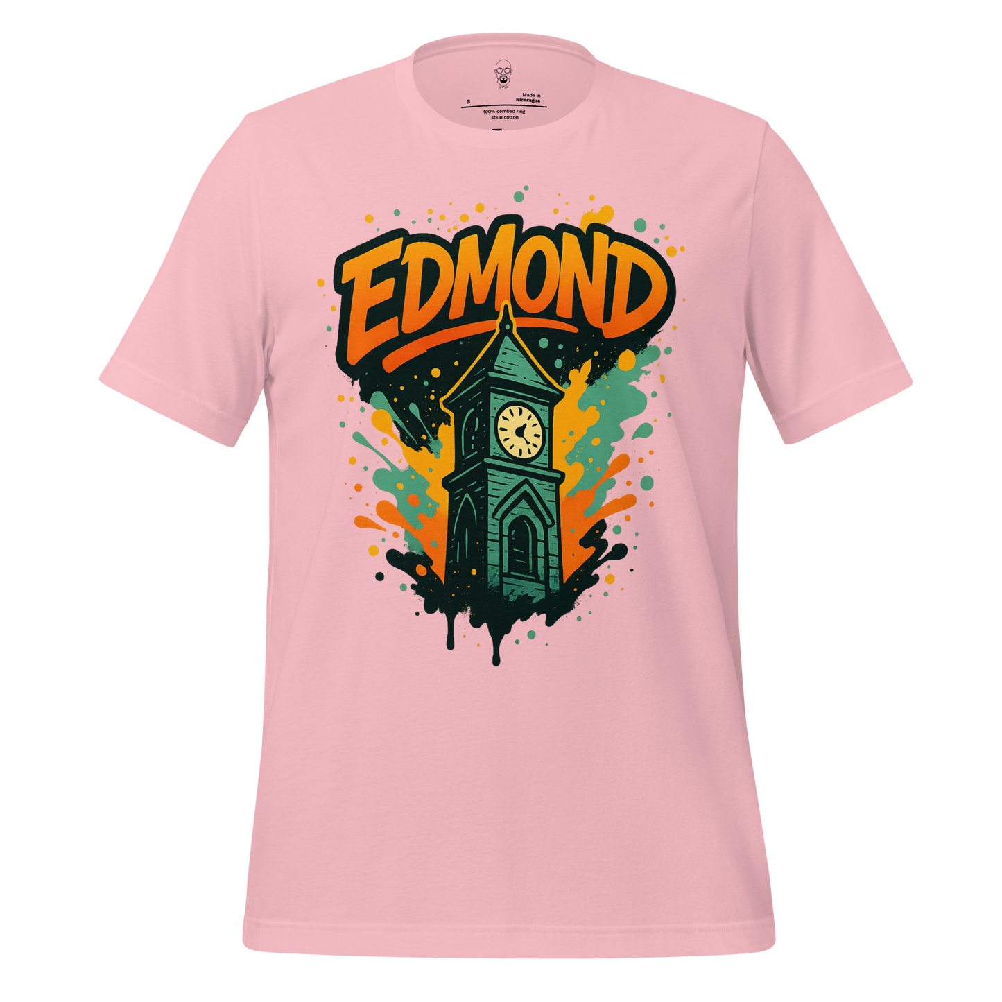 Pink Edmond Graphic T-Shirt featuring a colorful clock tower design with bold orange and green splashes