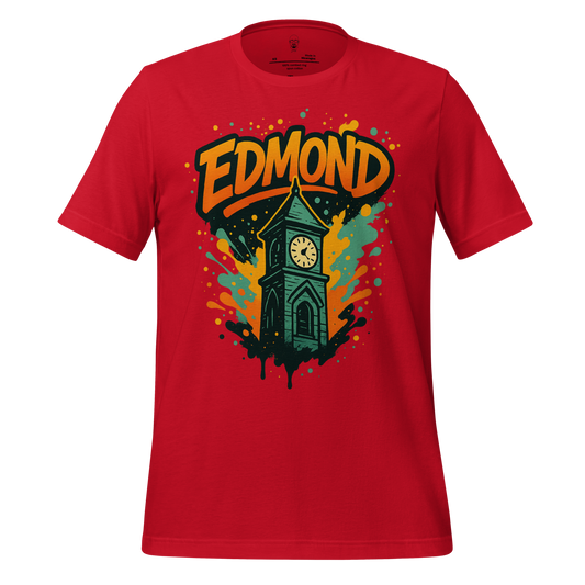 Red Edmond Graphic T-Shirt with colorful clock tower design and bold Edmond text