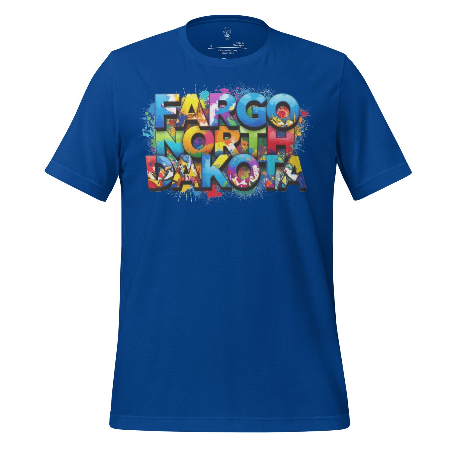 Blue Fargo North Dakota T-shirt with colorful bold text graphic by JMK Drip