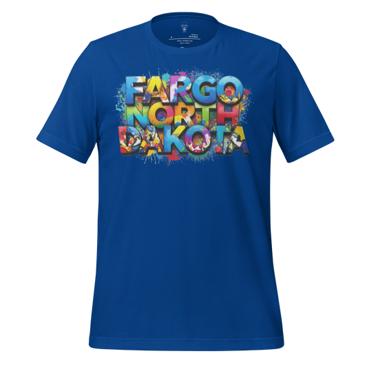Blue Fargo North Dakota T-shirt with colorful bold text graphic by JMK Drip