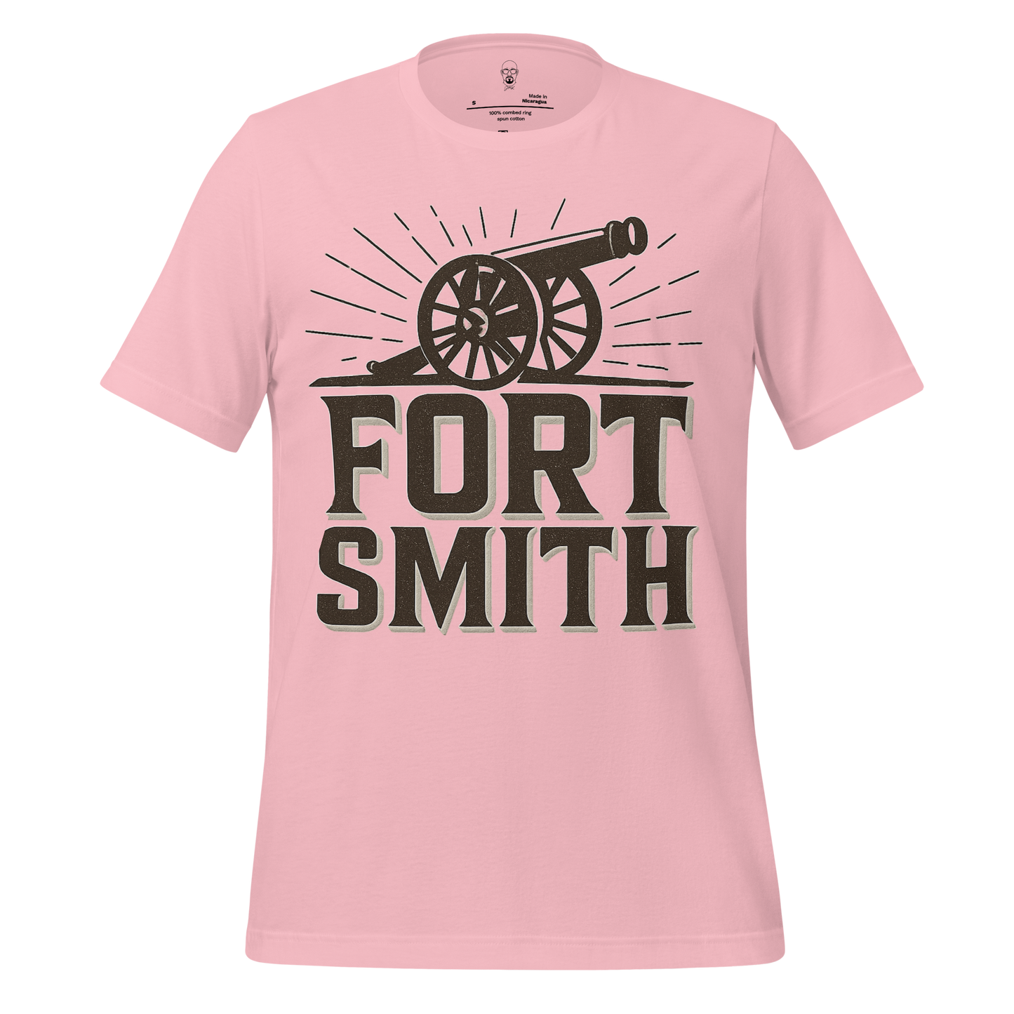 Pink Fort Smith Graphic T-Shirt by JMK Drip featuring vintage cannon design and bold text