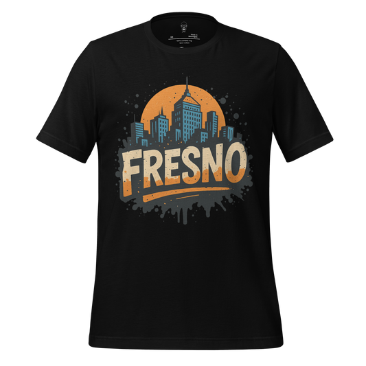 Black Fresno Graphic T-Shirt by JMK Drip with orange city skyline design and bold text