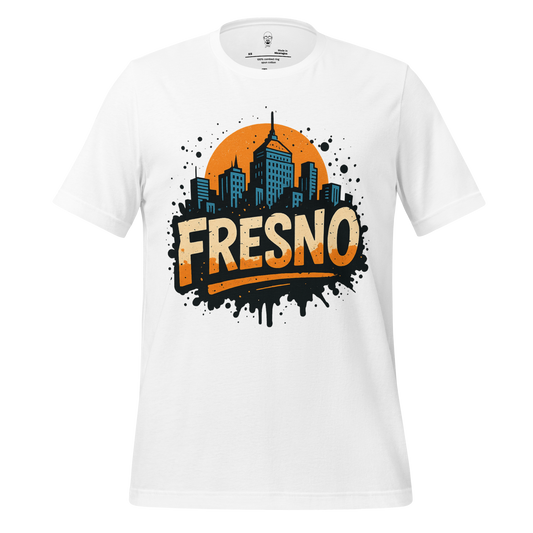 White Fresno Graphic T-Shirt by JMK Drip with orange and black city skyline design