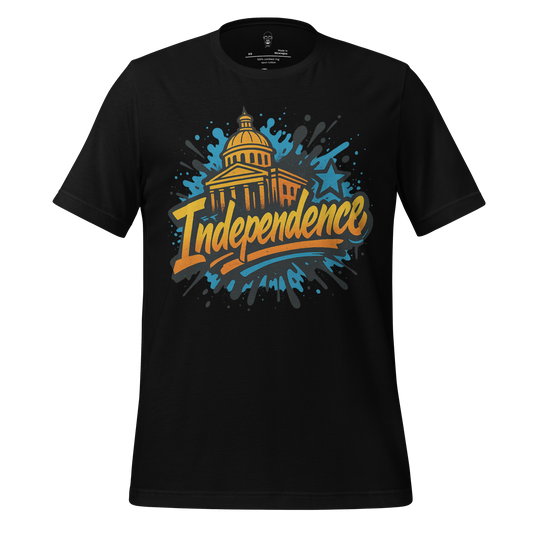 Black JMK Drip Independence Graphic T-Shirt with colorful Capitol building and star design