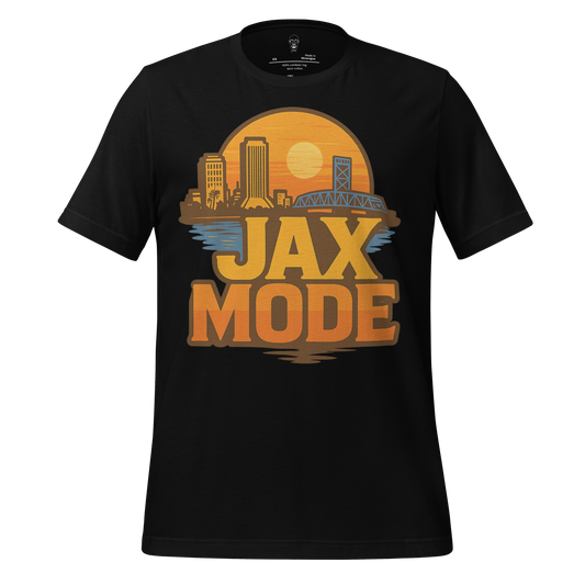 Black Jacksonville Graphic T-Shirt featuring orange JAX MODE text and city skyline at sunset