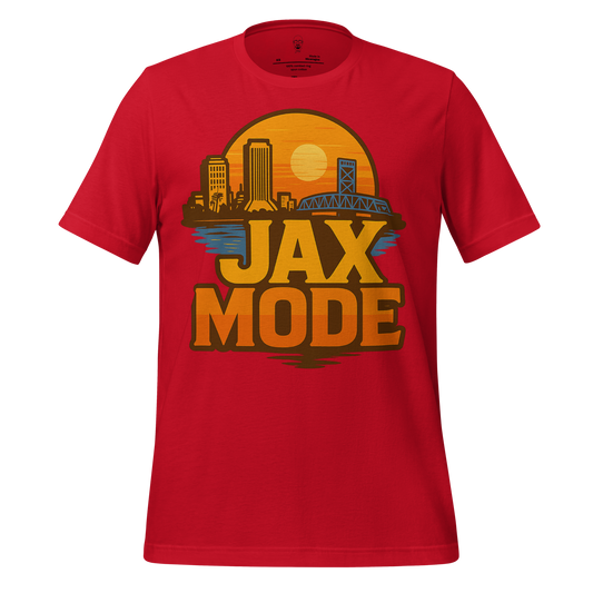 Red Jacksonville Graphic T-Shirt with JAX MODE text and city skyline design