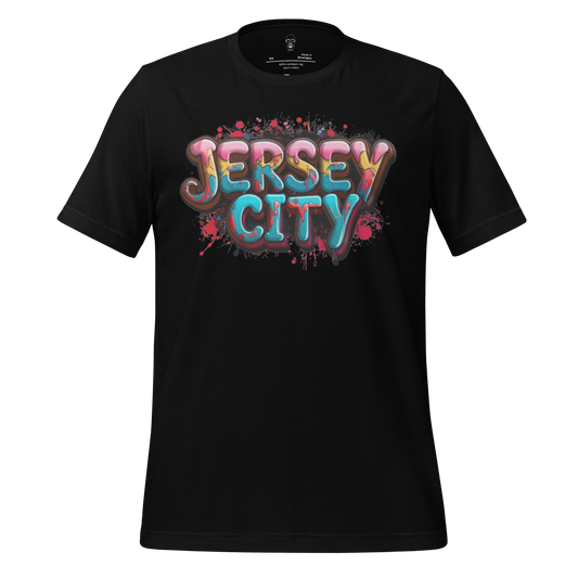 Black Jersey City t-shirt with colorful graffiti style text design by JMK Drip