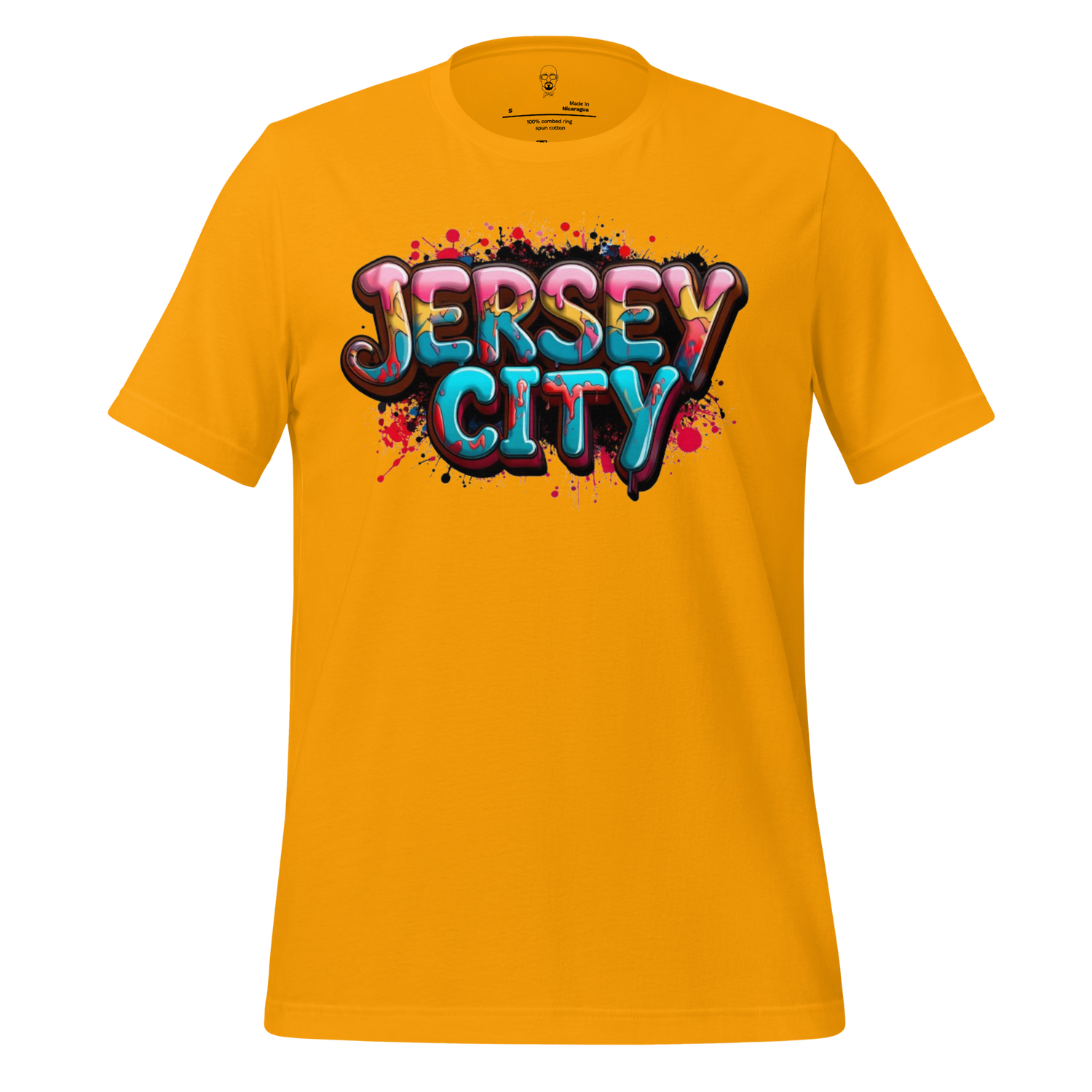 JMK Drip yellow Jersey City t-shirt with colorful graffiti style text design