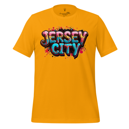 JMK Drip yellow Jersey City t-shirt with colorful graffiti style text design