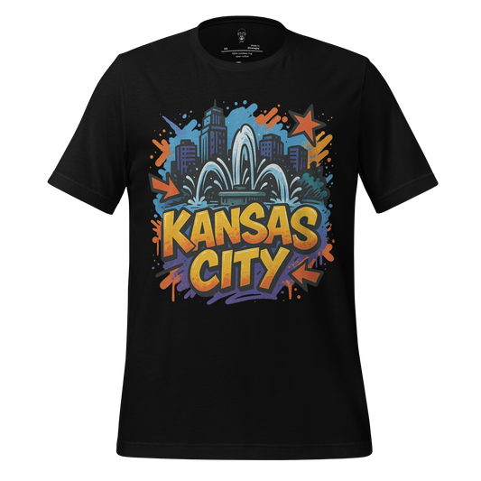 Black Kansas City, Missouri Graphic T-Shirt 1 with colorful city skyline and fountain design by JMK Drip
