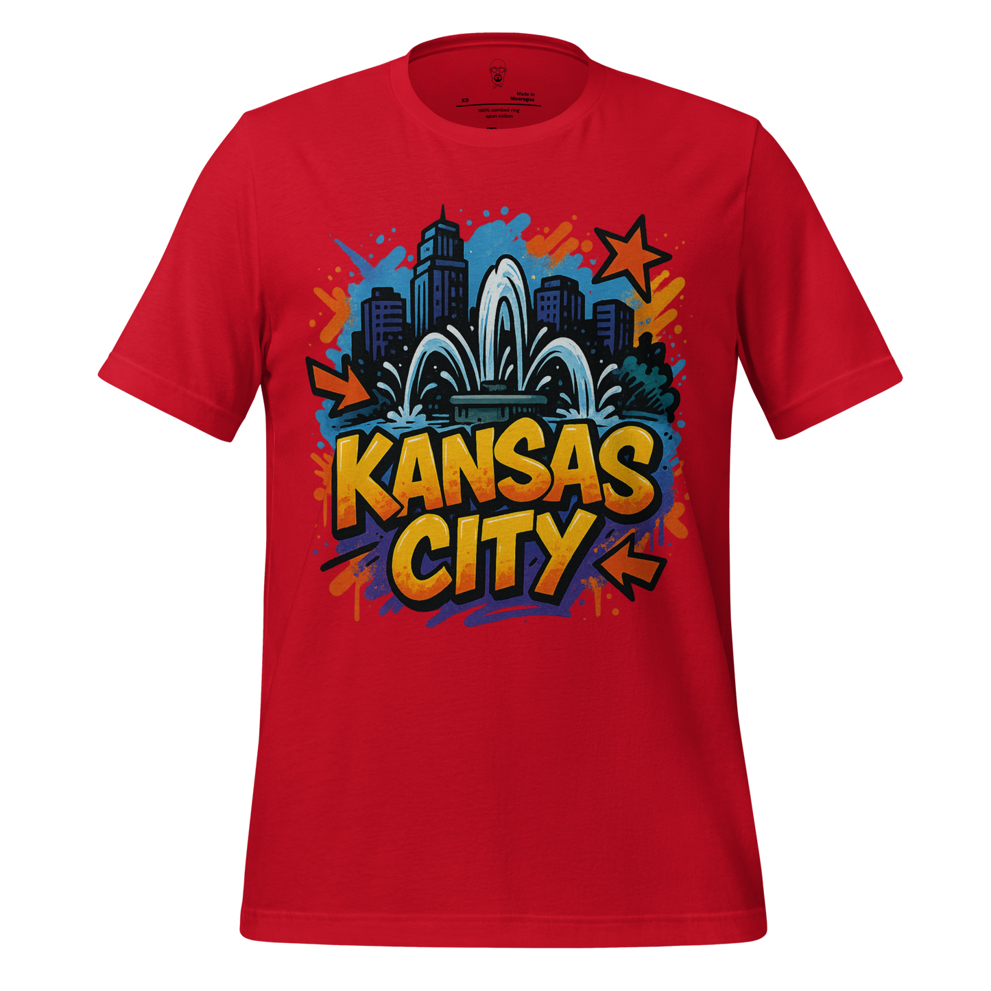 Red Kansas City, Missouri Graphic T-Shirt 1 featuring colorful city skyline and fountain design