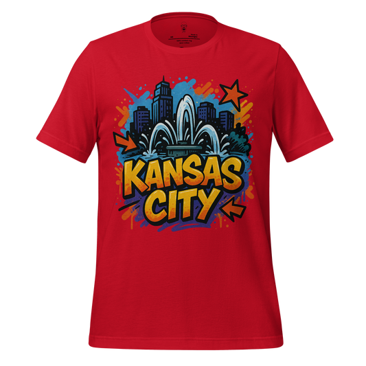 Red Kansas City, Missouri Graphic T-Shirt 1 featuring colorful city skyline and fountain design
