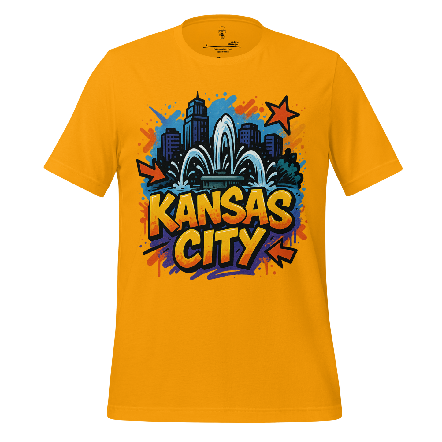 JMK Drip Kansas City, Missouri Graphic T-Shirt 1 with colorful city skyline and fountain design on yellow fabric