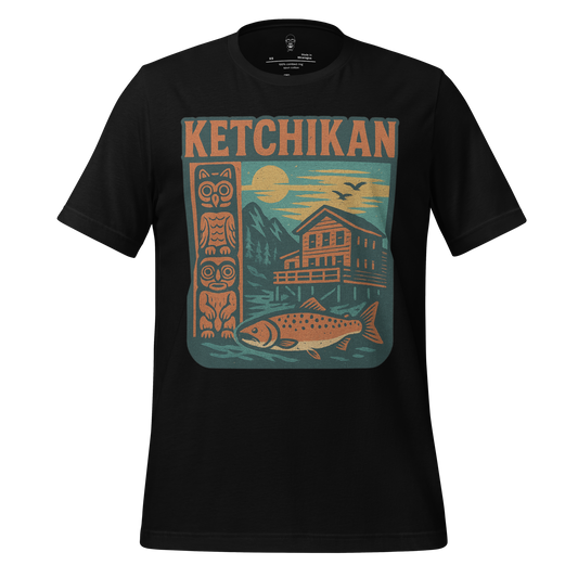 Black Ketchikan Graphic T-Shirt by JMK Drip featuring totem pole, fish, cabin and mountain design